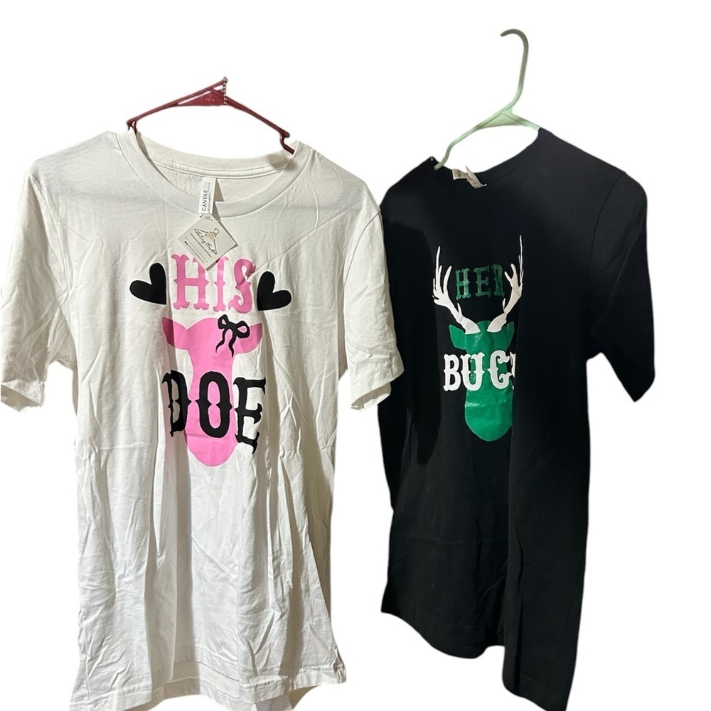 His and Her Buck and Doe Graphic Tees in White and Black Short Sleeve - Picture 2 of 9